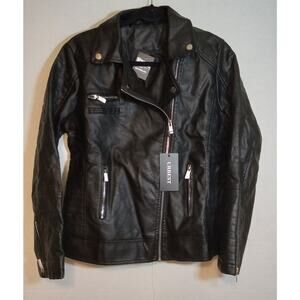 URBEST Black Faux Leather Jacket Motor Cycle Style Women's Large